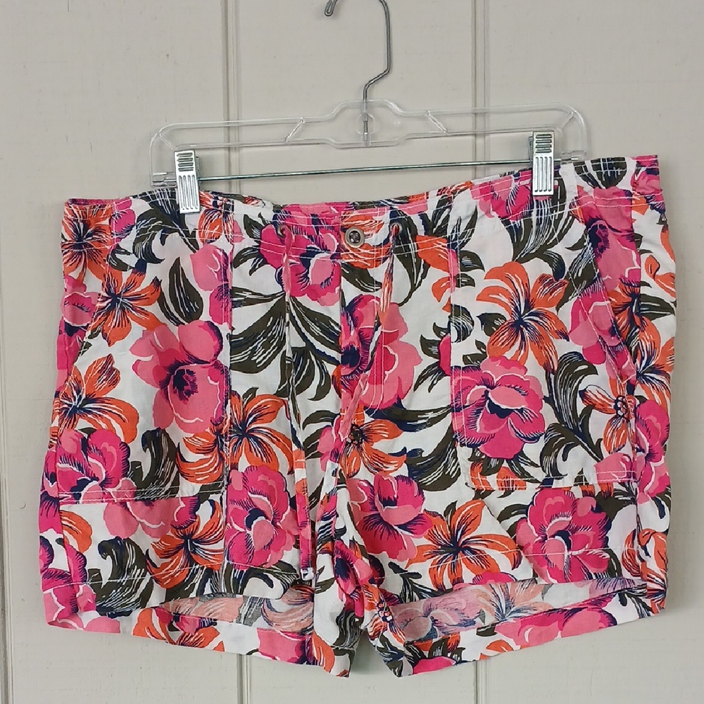 Gap Olive Floral Tropical Flower Print Linen Cotton Blend Shorts Size 16